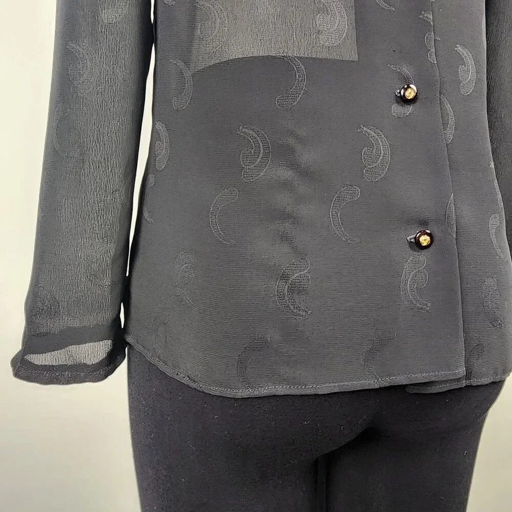 Vintage Black Sheer Neck Tie Back Buttoned Blouse Top Size S - Picture 7 of 9
